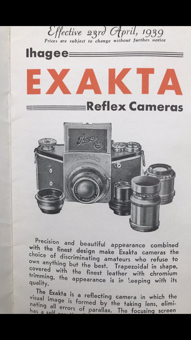 1939 Exakta brochures Kine VP Camera Night, B C Zeiss Hugo meyer lens price list
