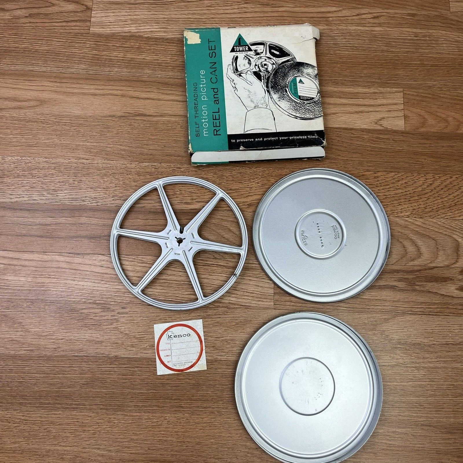 Vintage Tower Self Threading Motion Picture Reel & Can Set 8mm 400′ Kenco in Box