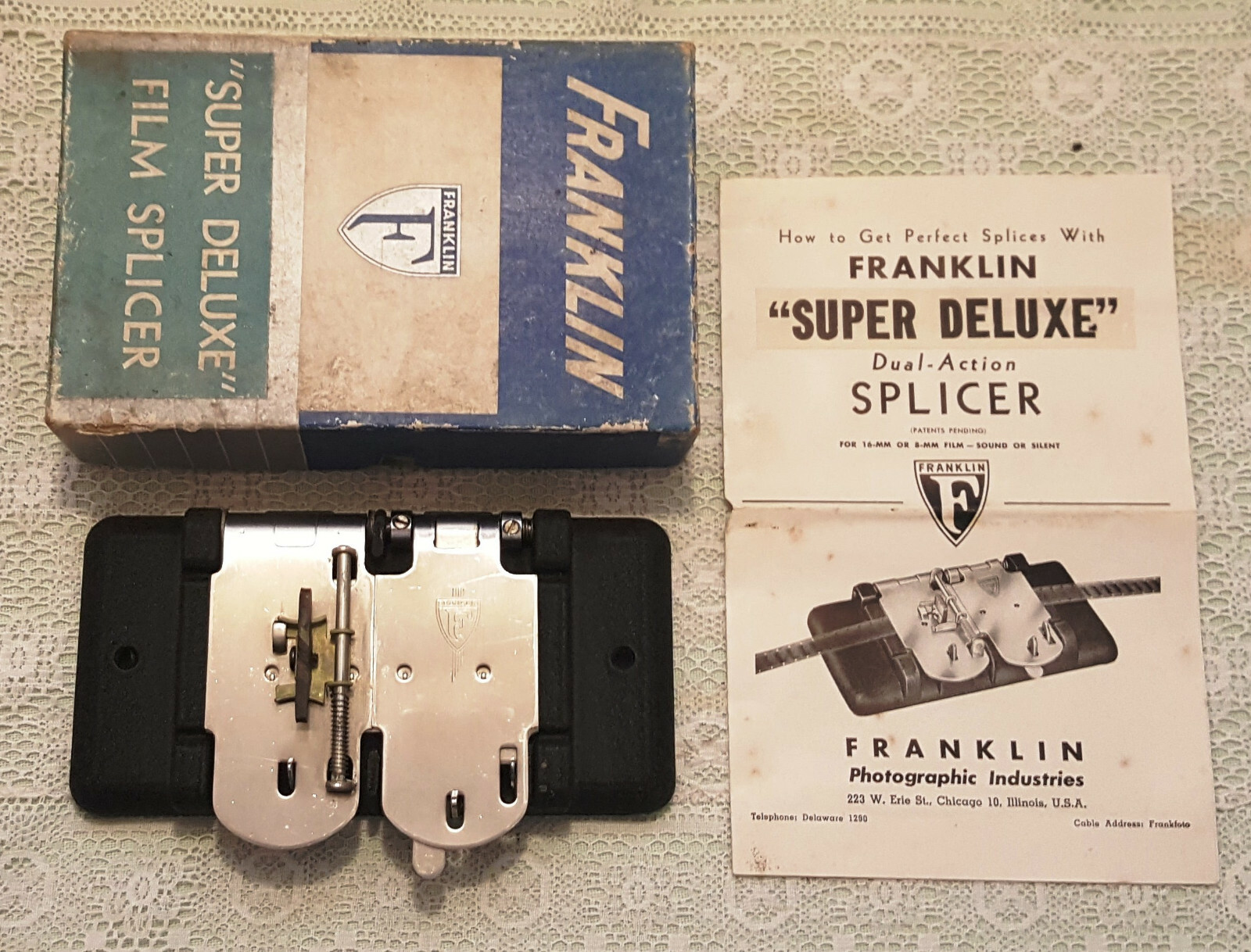 VTG Franklin Super Deluxe Film Splicer 8mm & 16mm Movie Camera Box & Paperwork