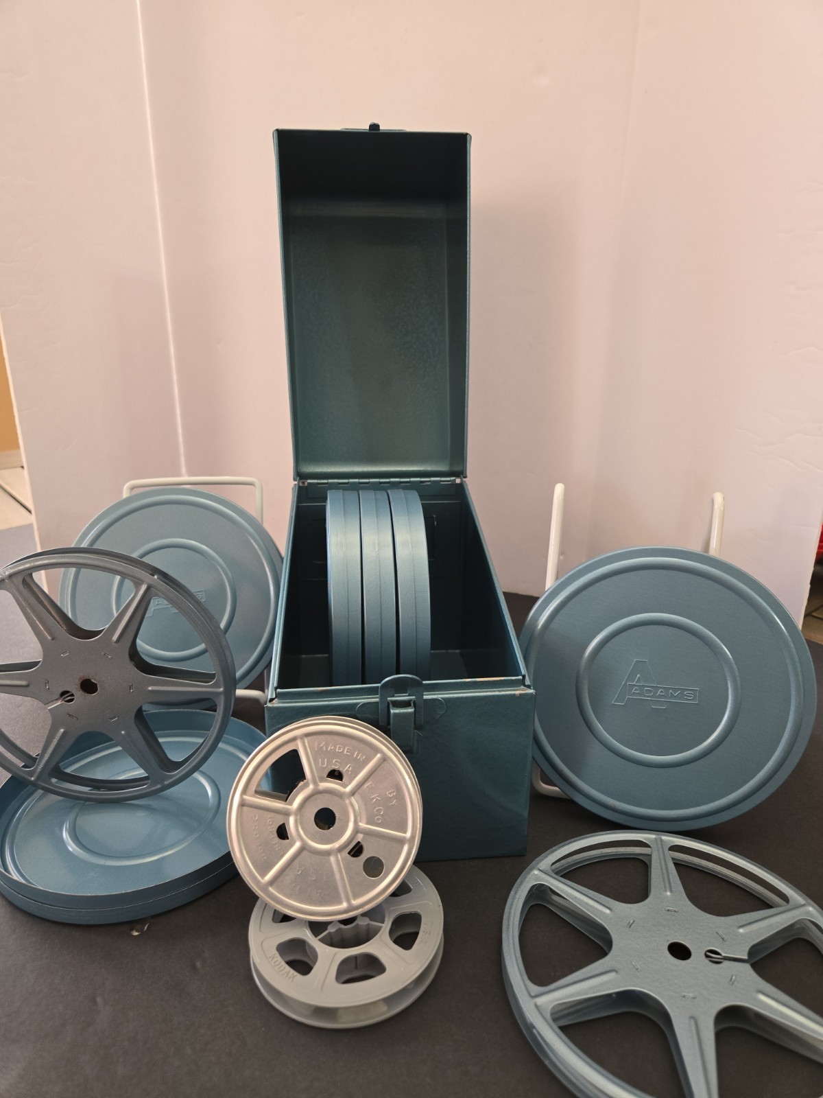Vintage Adams Metal Film Can Storage Case,6 Box Containers