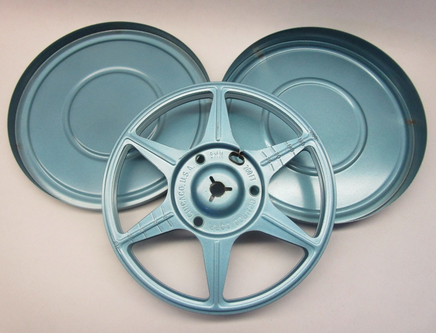 Vintage Compco Corp. 8mm/200ft 5” Blue Film Reel Canister and Reel