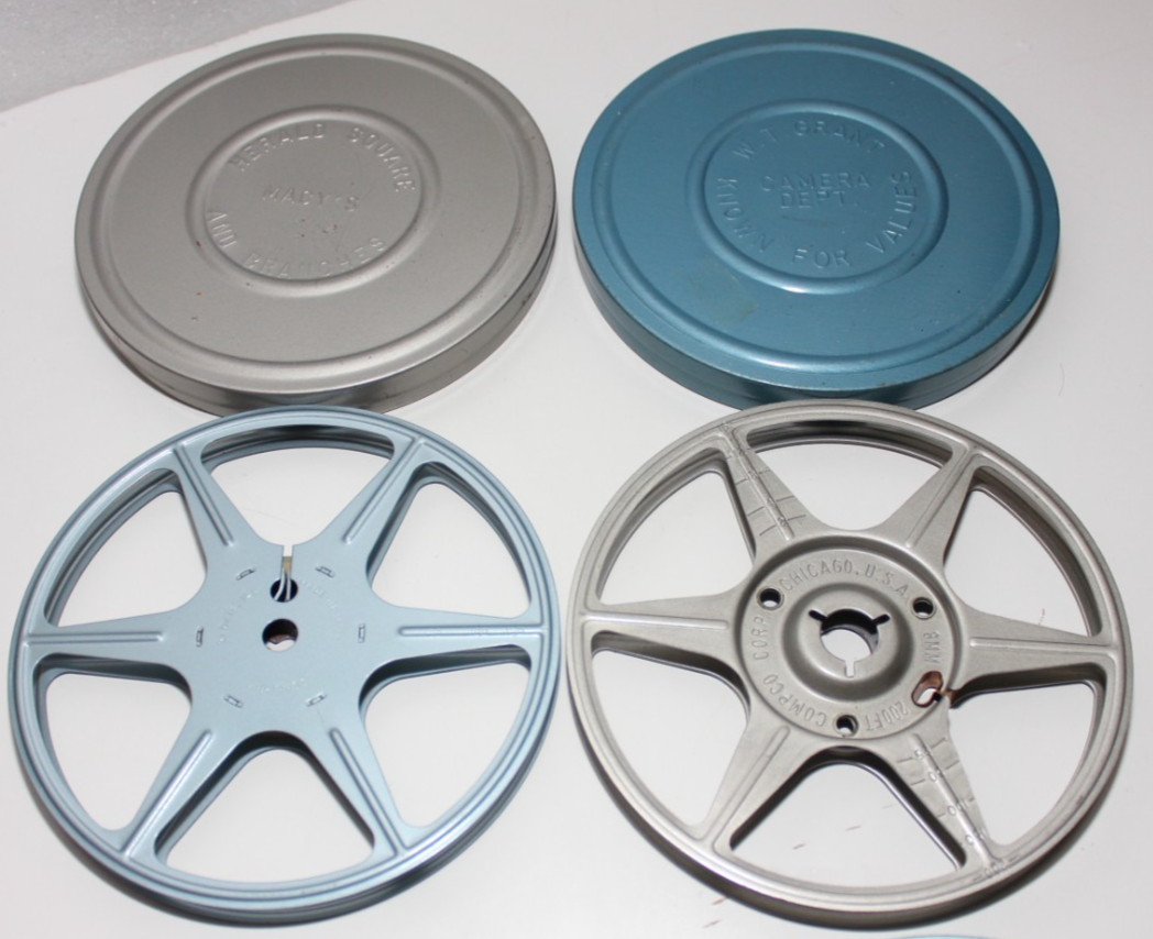4 METAL SUPER 8 REELS WITH TINS HERALD SQUARE MACY’S W.T. GRANT B GERTZ COMPCO