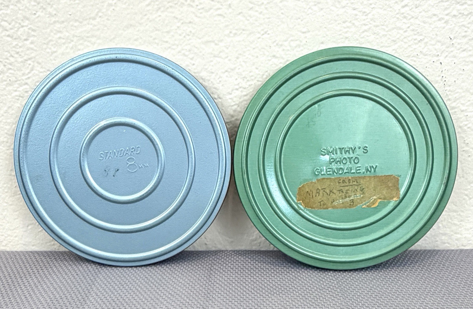 2 Vintage 8mm Metal Film Canisters Case Smithy’s Photo Glendale NY Blue Green