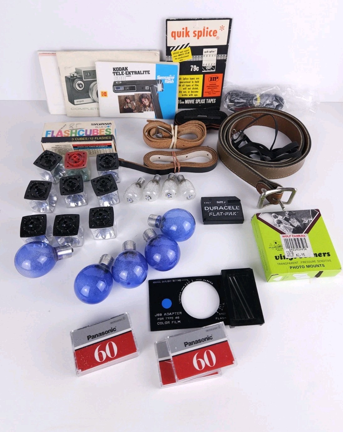 Junk Drawer Lot Of Vintage Camera Camcorder Parts – Bulbs Straps Tapes Manuals