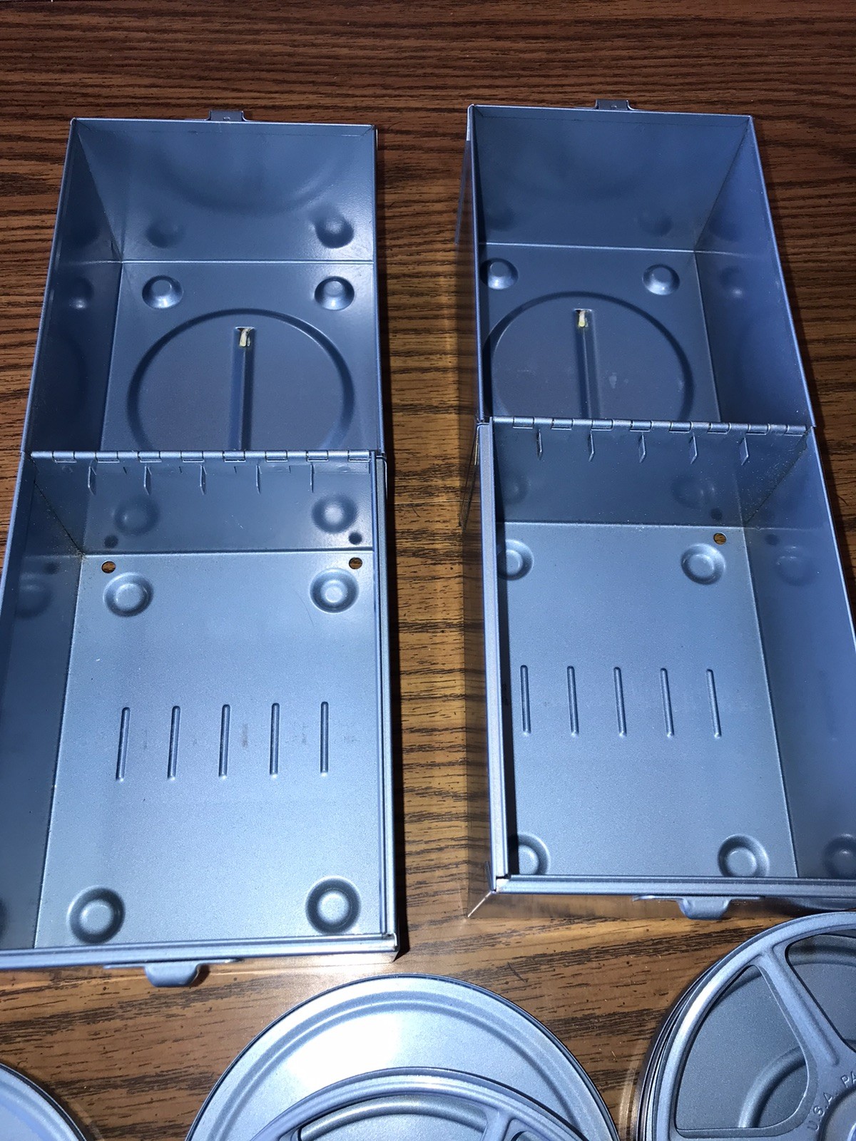 2 Vintage Compco Metal Film Case Storage Boxes With Six 8mm Film Reels Per Box