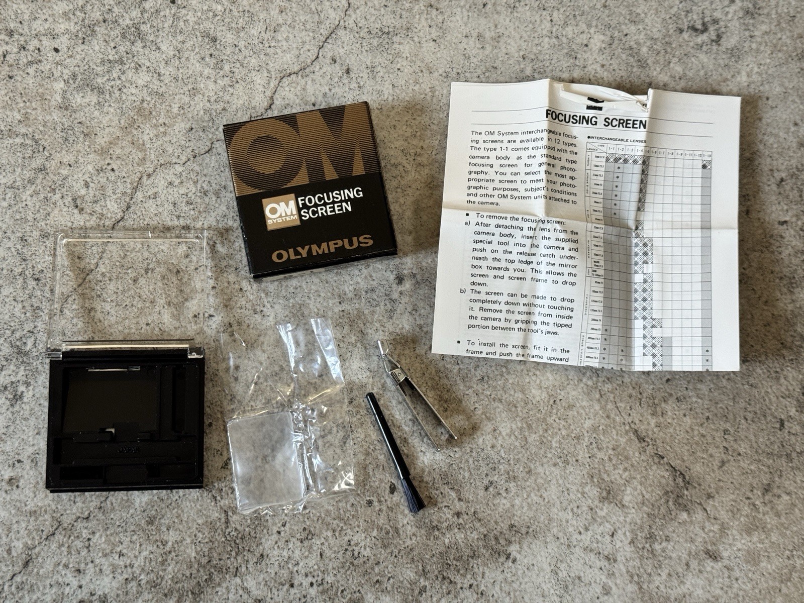 Vintage Olympus OM System Focusing Screen 1-8 with Case Tool Instructions Camera