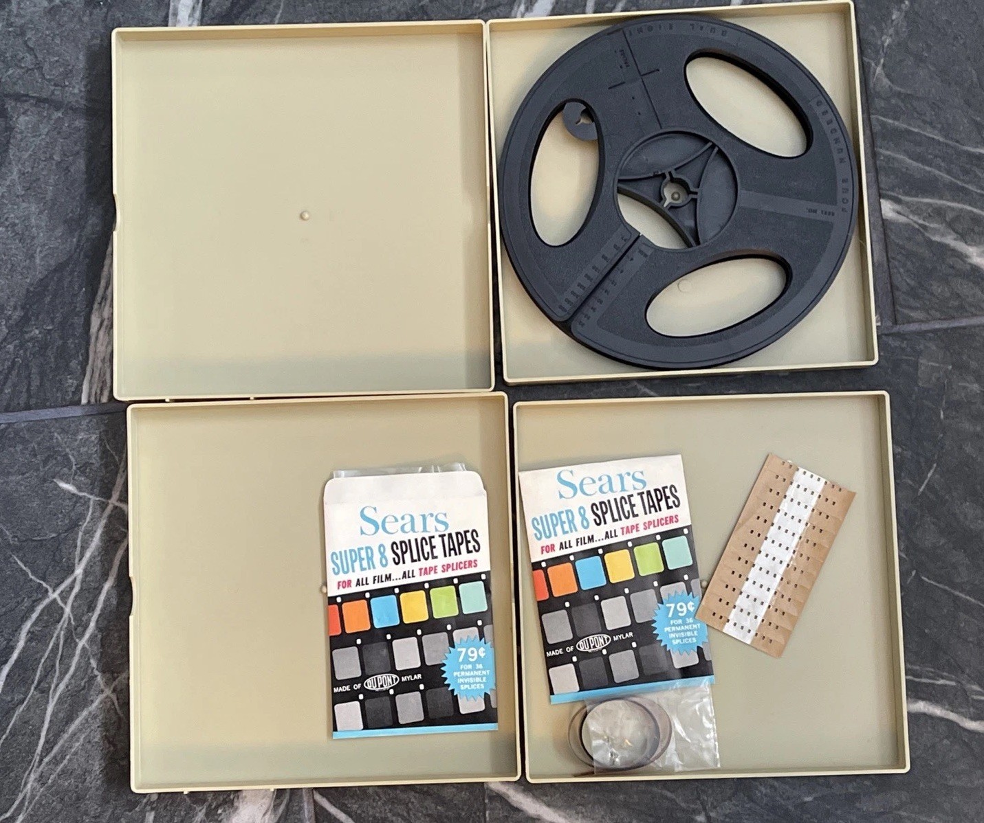 Baia Dual 8mm Film Movie Reel & 2 plastic Storage Cases Splice Tape Lot