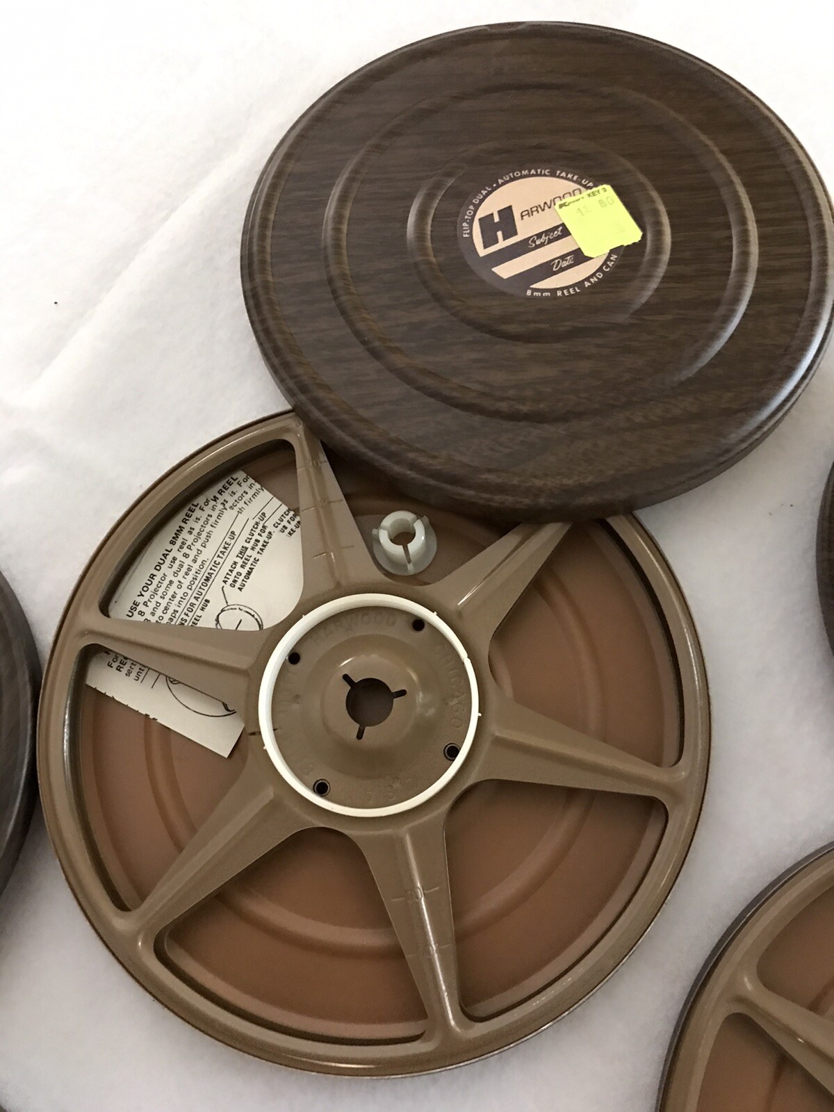 NOS Vintage Lot of 4 Harwood Flip Top Dual 8mm Metal Movie Reels and Cans 7″