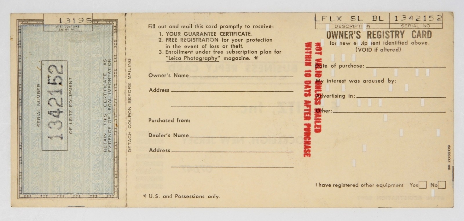 Owner’s Registry Card of Black Leicaflex SL #1342152