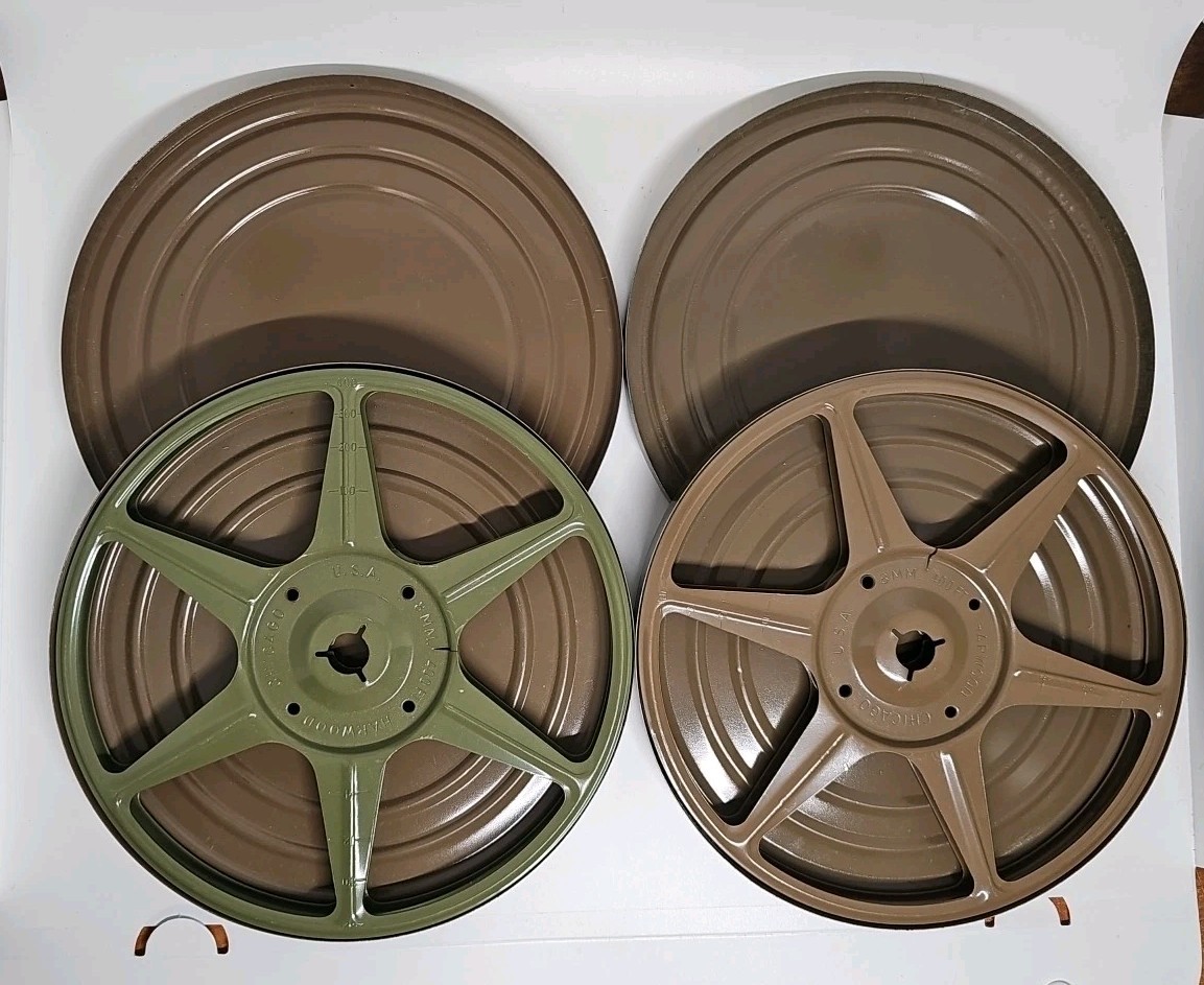 Vintage Pair Of Super 8mm 7” 400′ Matching Metal Green Movie Film Reels In Cans