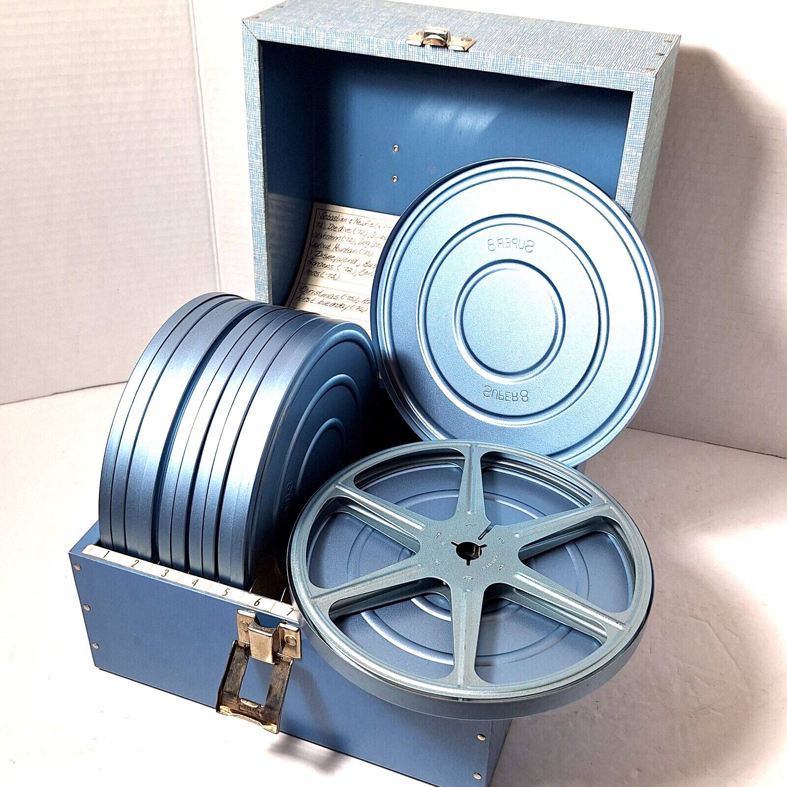 8mm Film Storage Case Box with 12 Slots & 6 Metal Reel Canisters Vintage 1960s