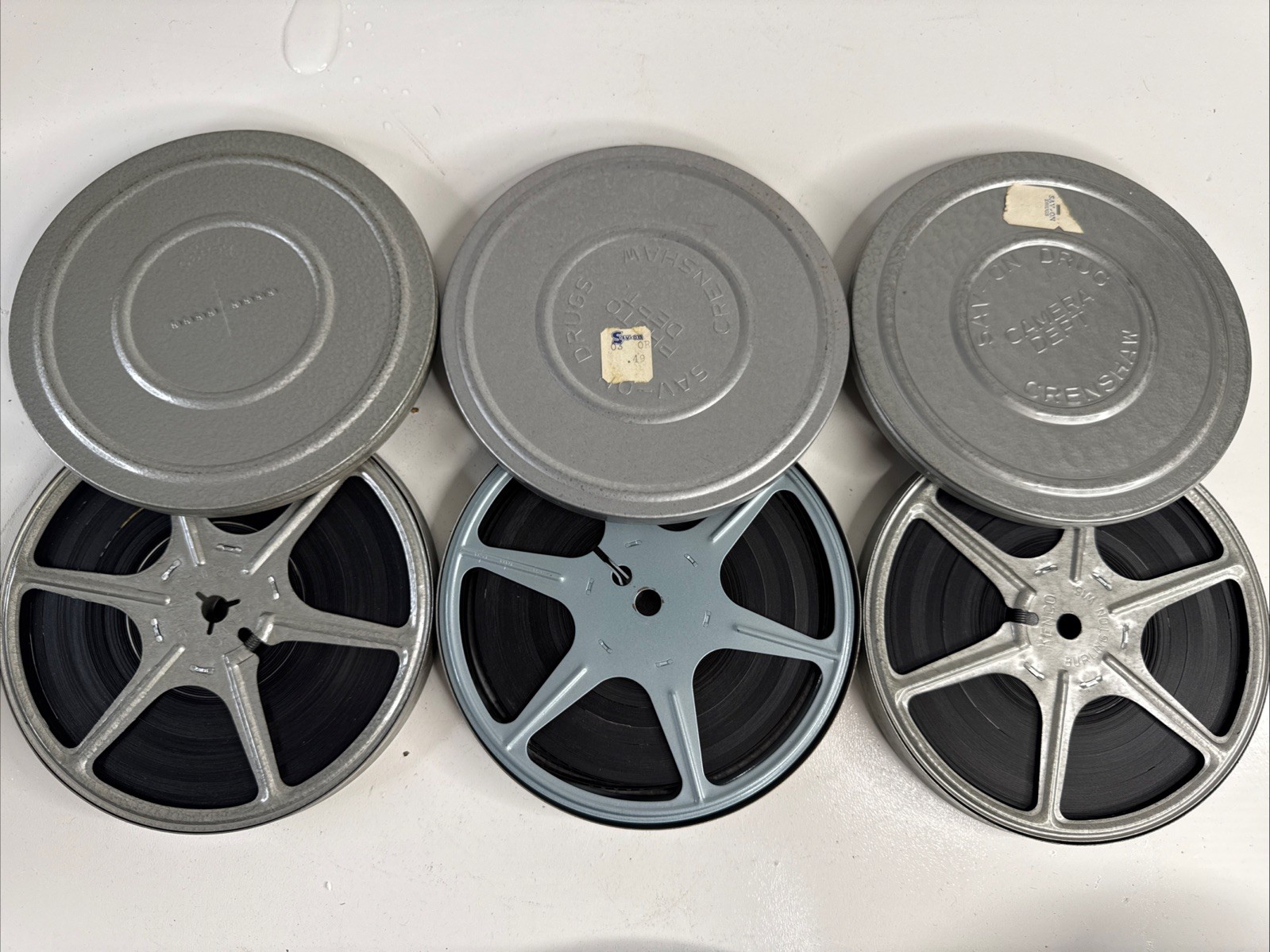3 Vintage 5″ 8MM Kenco Scherer Metal Film Canisters And Full Used Reels USA MADE