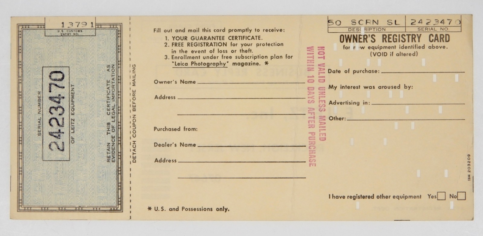 Owner’s Registry Card of Leica 50mm f2 Summicron-R #2423470