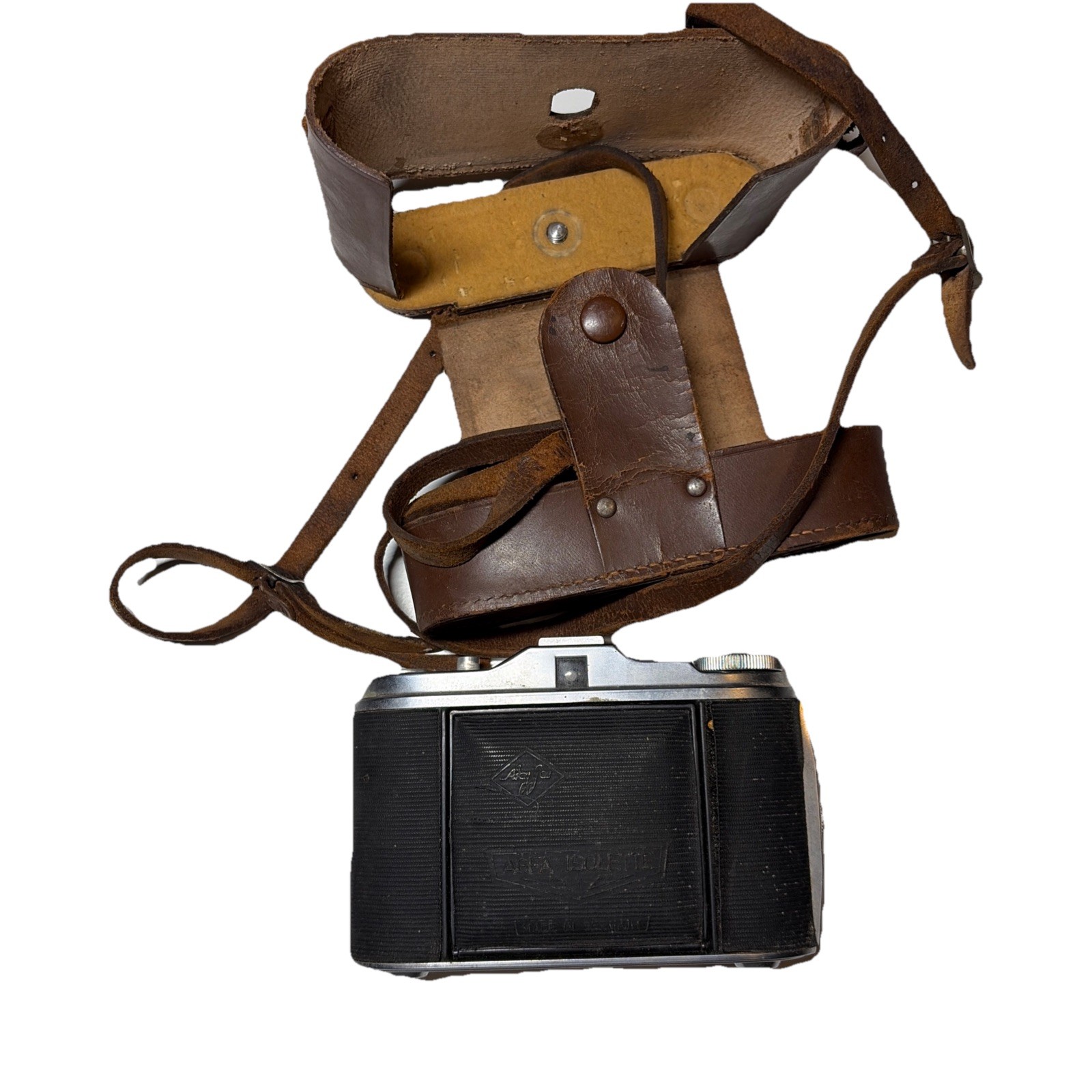 VINTAGE CAMERA IN LEATHER CASE GERMANY AGFA ISOLETTE II CAMERA LENS EXTENDS OPEN