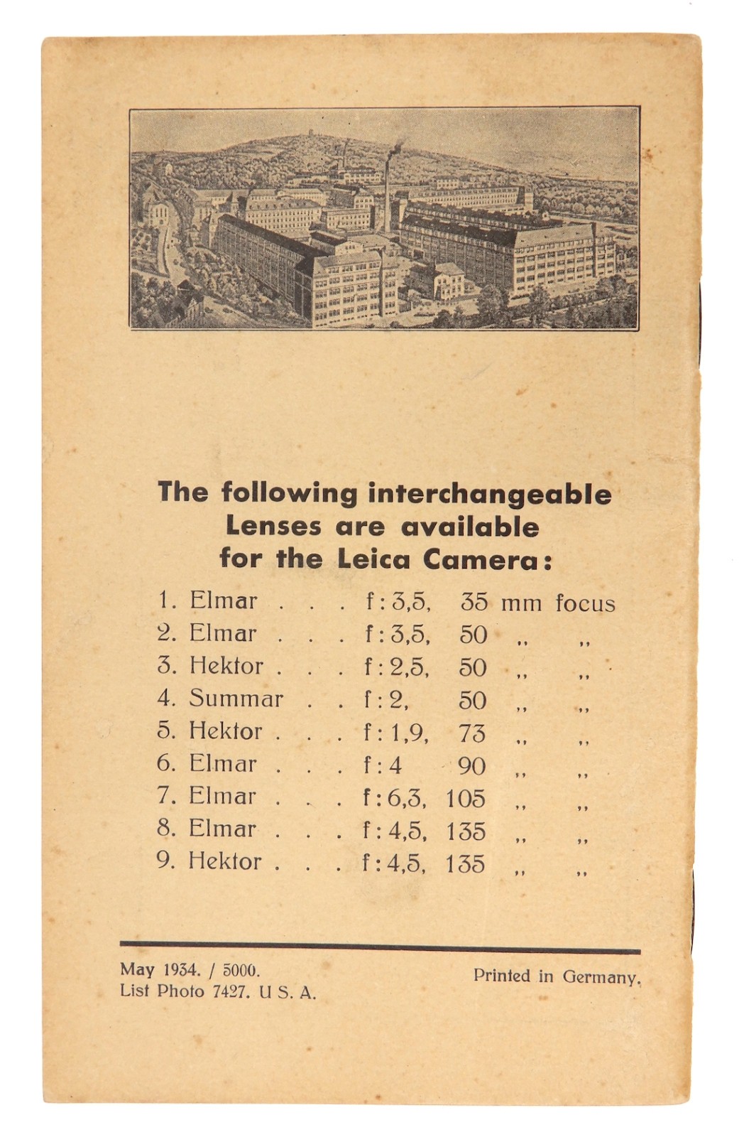 Leica II Model F Lens Tables E.Leitz,Inc.,New York 1934 ………… Minty