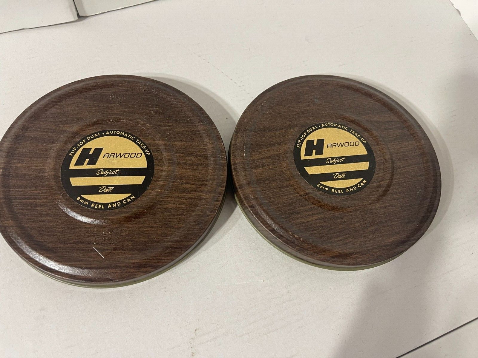 Lot of 2 Vintage Harwood 8mm Reel & Can Film Holders Wood Grain Metal Case