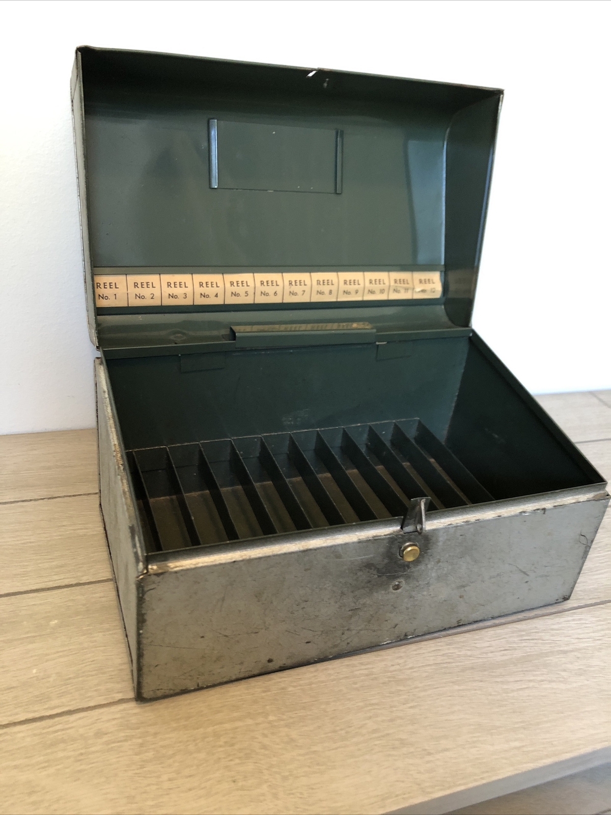 Vintage Metal Storage Case Box for 8mm Movie Reels, Holds 12, Latched w/ Handle