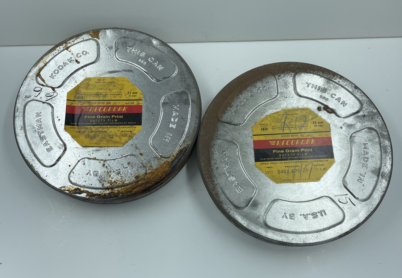2 Vintage Eastman Kodak Co Recordak 35mm Tin Film Canister Cans USA 10”