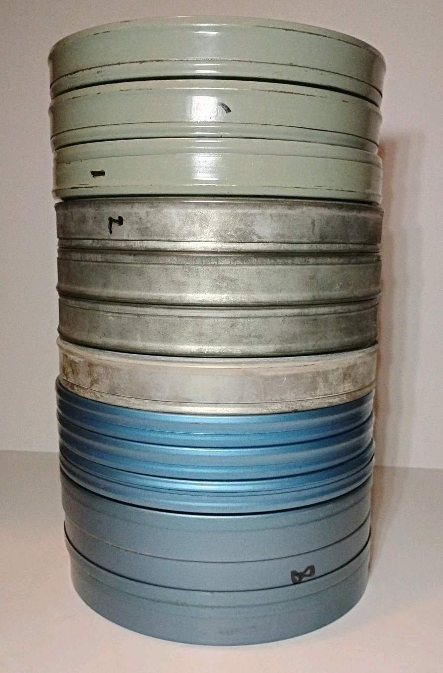 13 Vintage 8mm Film Empty Canister Reels Blue Grey Green + Brown Metal Case