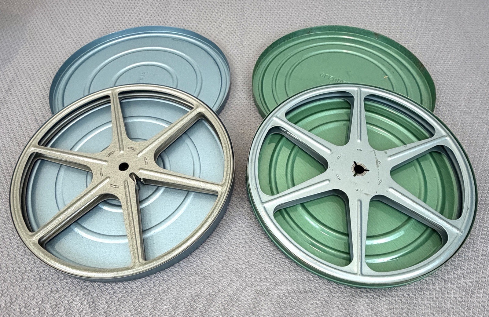 2 Vintage 8mm Metal Film Canisters Case Smithy’s Photo Glendale NY Blue Green