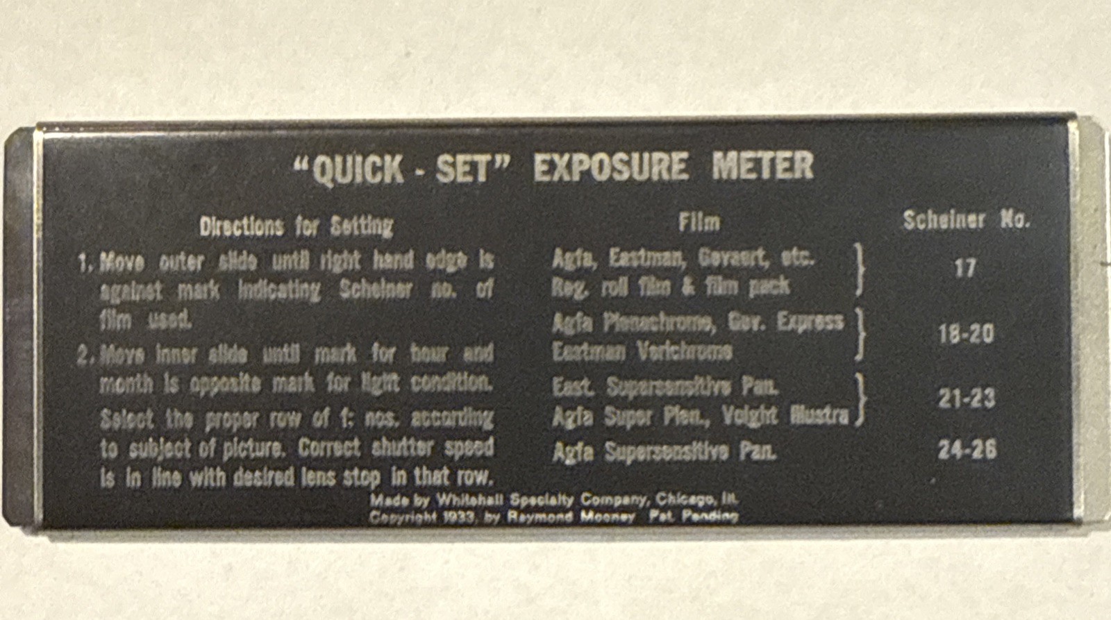 RARE ANTIQUE 1933 Photography Exposure Scale Metal “Quick-Set” Slide Meter