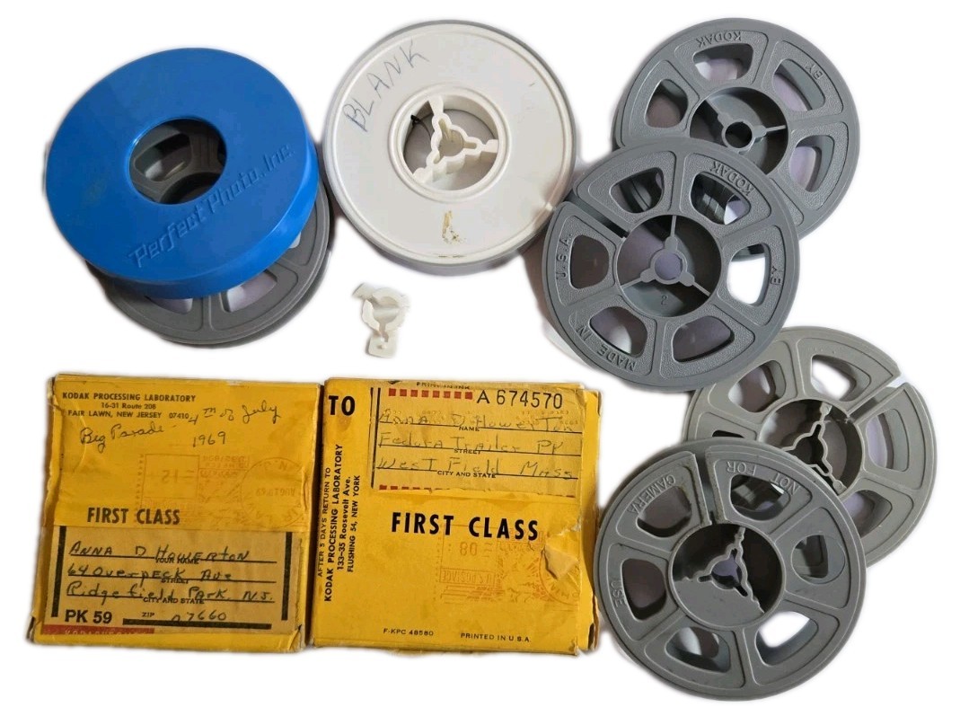 SUPER-8 Grey Plastic Movie Film Reels Lot. 5 empty 1 full, 2 boxes, adapter ect