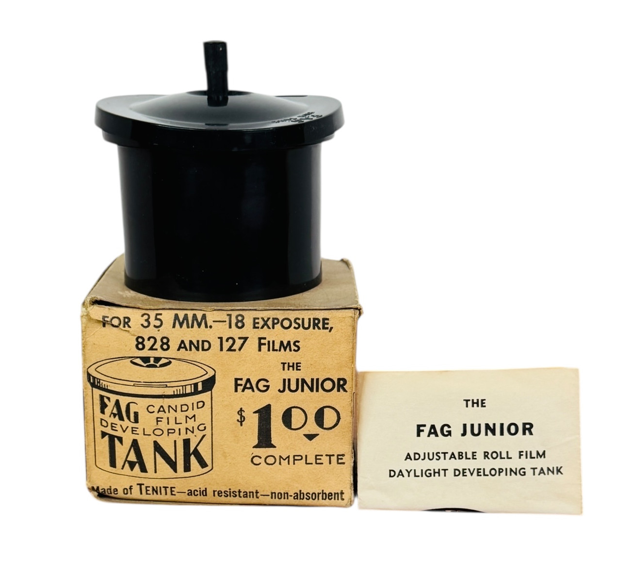 FAG JUNIOR CANDID FILM DEVELOPING TANK Tenite w BOX & MANUAL 1930s Eastman Kodak