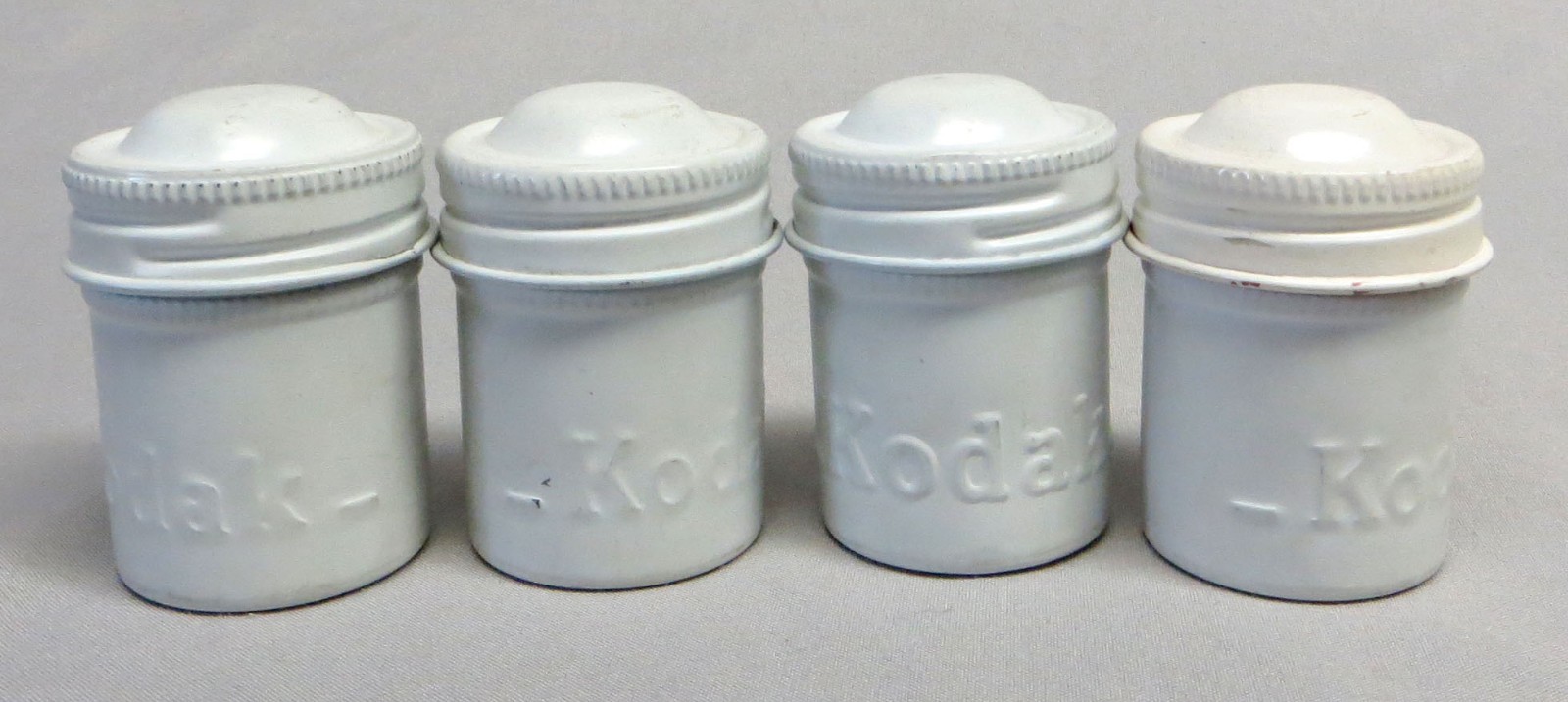 Rare Lot of 4 White Kodak 35mm Film Roll Embossed Metal Tin Can Canisters EXC!