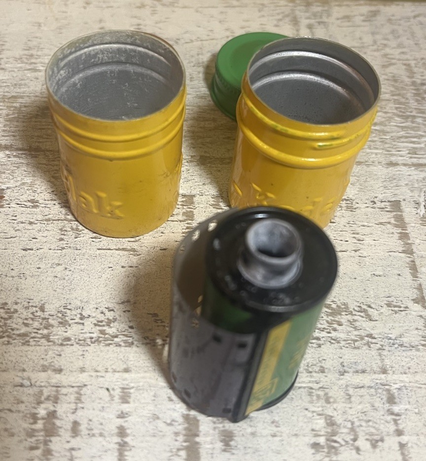 Vintage 2 Kodak Film Metal Canister Container Green Cap Embossed 35mm 1 W/ Film