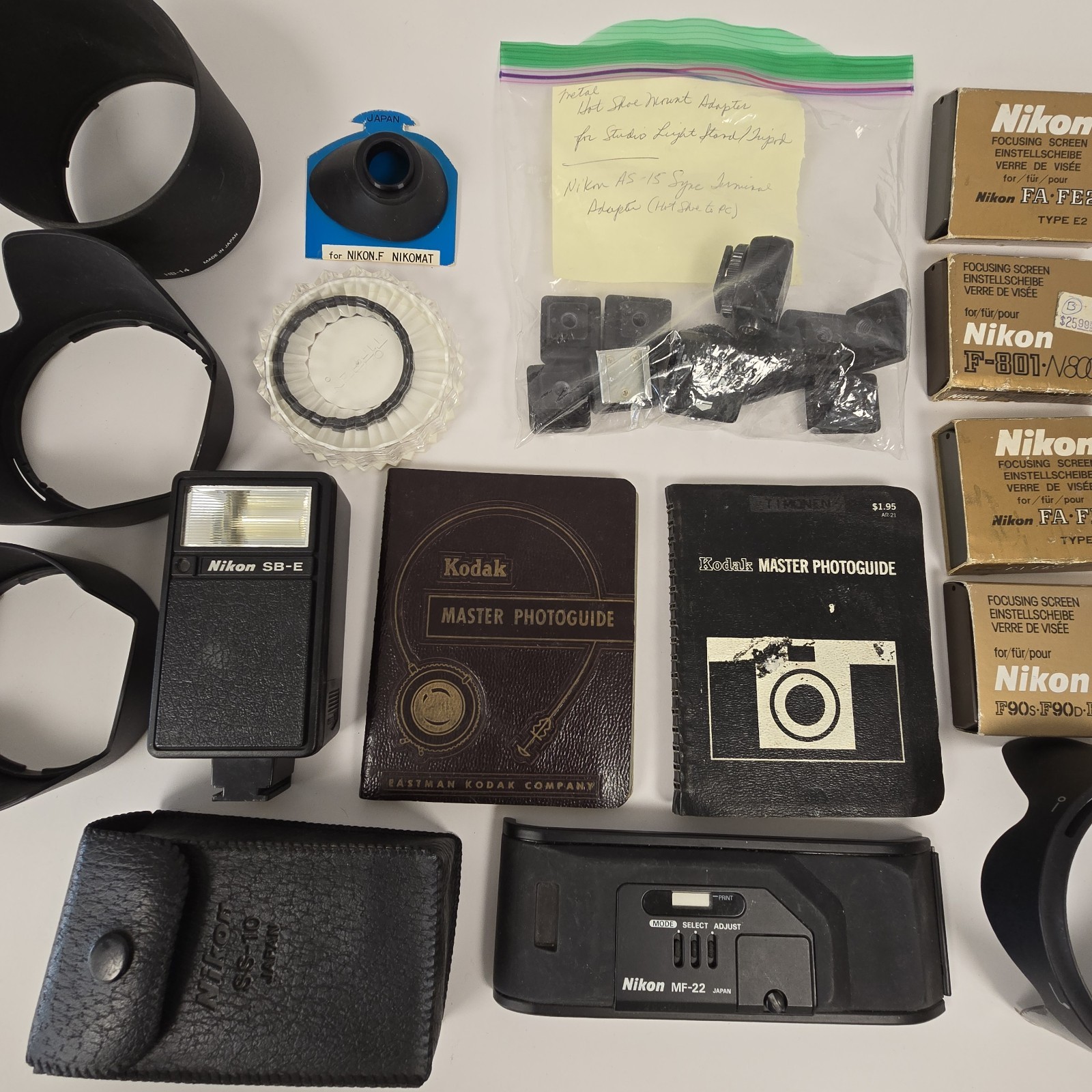 HUGE Lot of VINTAGE Nikon & Kodak Photography Equipment Gear Filters Hoods Flash