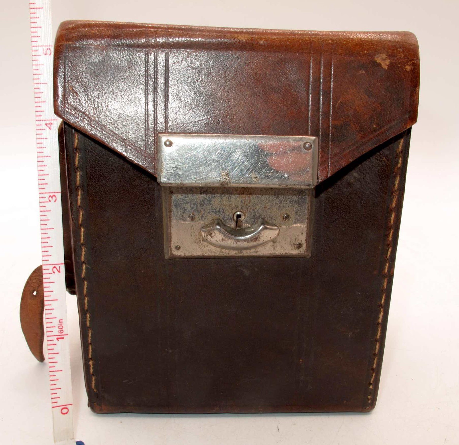 *VINTAGE* BROWN HARD CASE 5″x 5.5″ x 3″ WITH STRAP-PURPLE INTERIOR