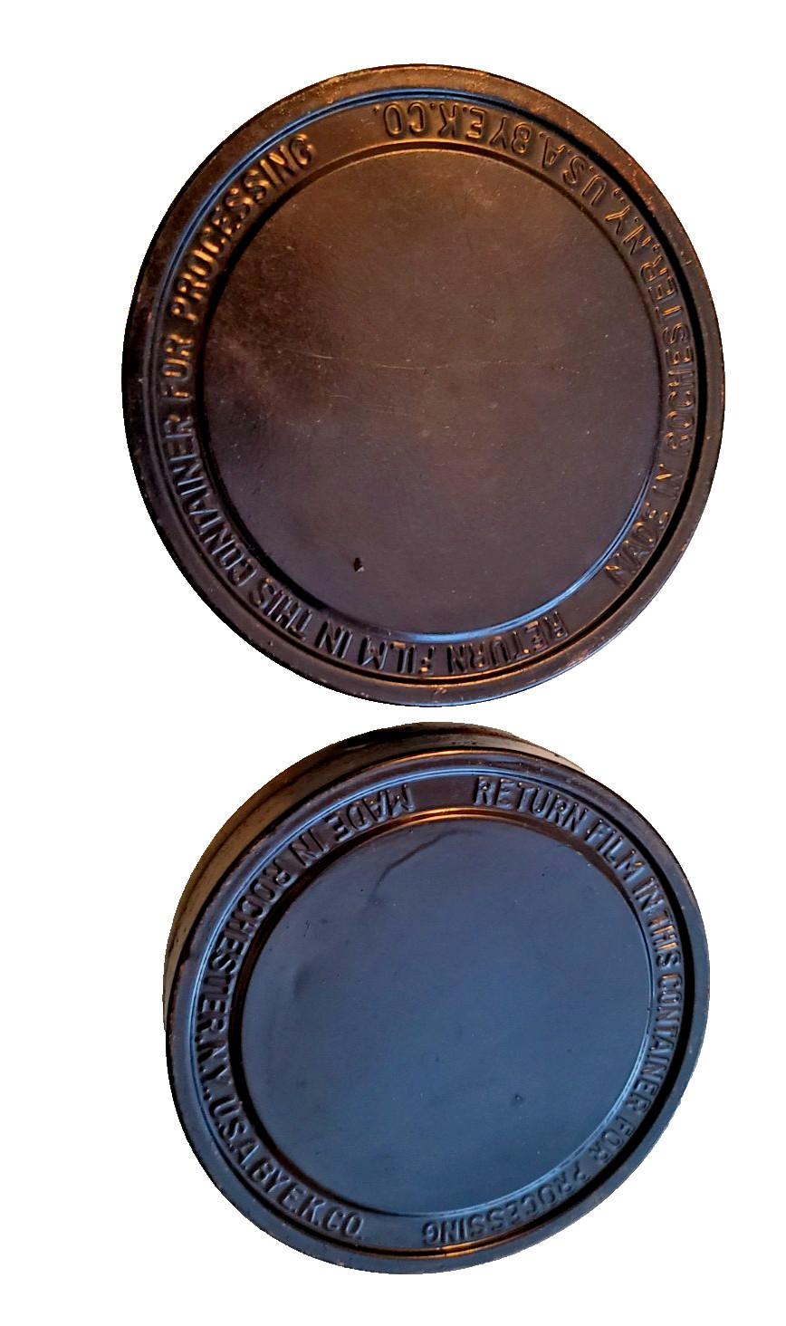 Two 1950’s KODAK FILM CANNISTERS made in ROCHESTER NEW YORK expressly for KODAK