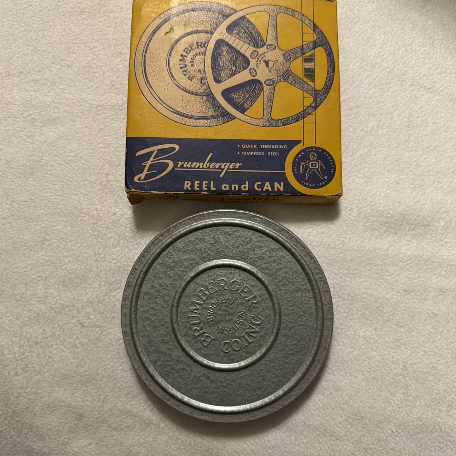 Set of 2 vintage Brumberger Reel And Can 8mm 200ft #1018 Tempered Steel Movie