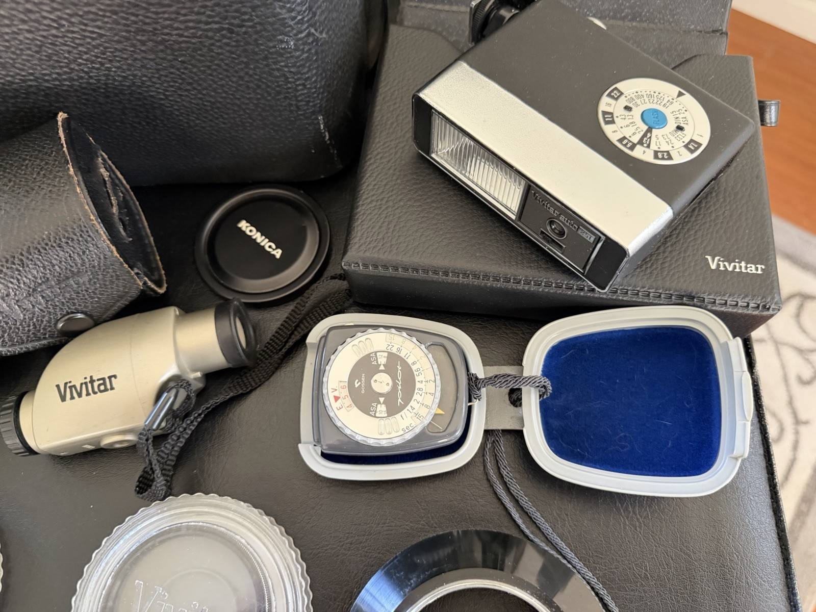 Vintage Camera Lenses Flashes And Filter. Konica Miida And More.