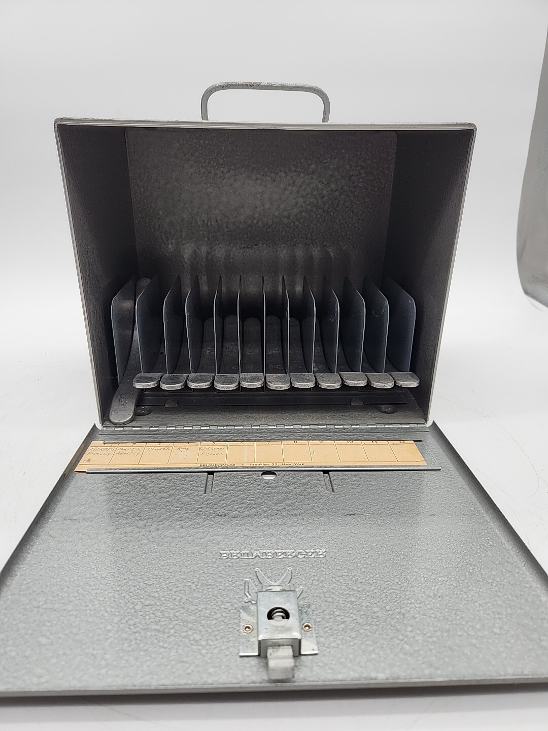 Vtg Brumberger 8 mm metal reel holder case storage bin 1950 mid century