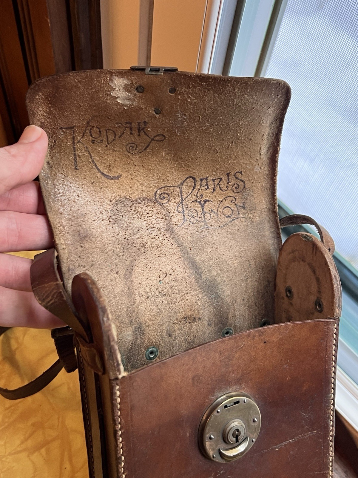 Antique Kodak Paris & Lyon Folding Film Camera Case in Brown Leather with Strap