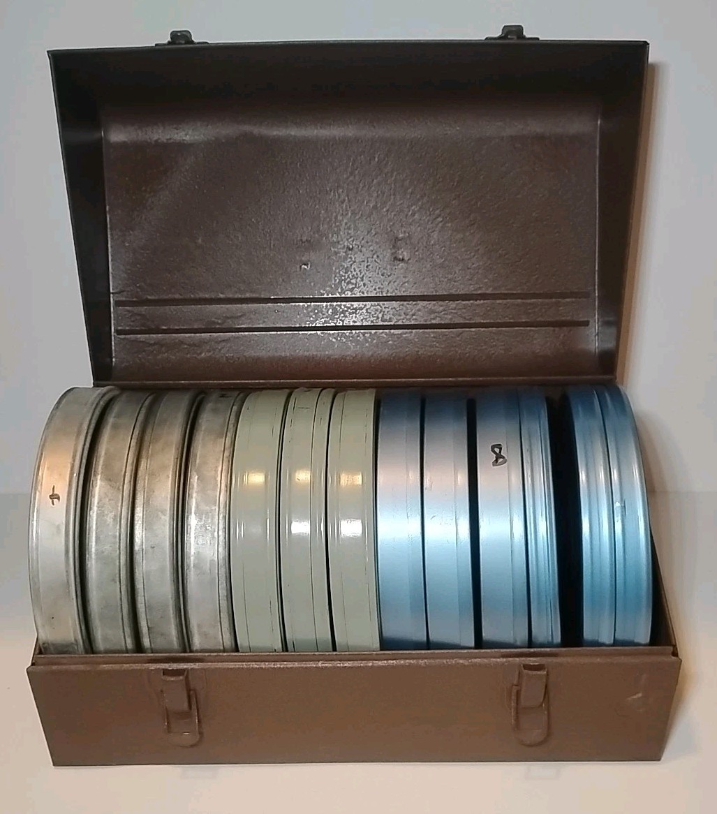 13 Vintage 8mm Film Empty Canister Reels Blue Grey Green + Brown Metal Case
