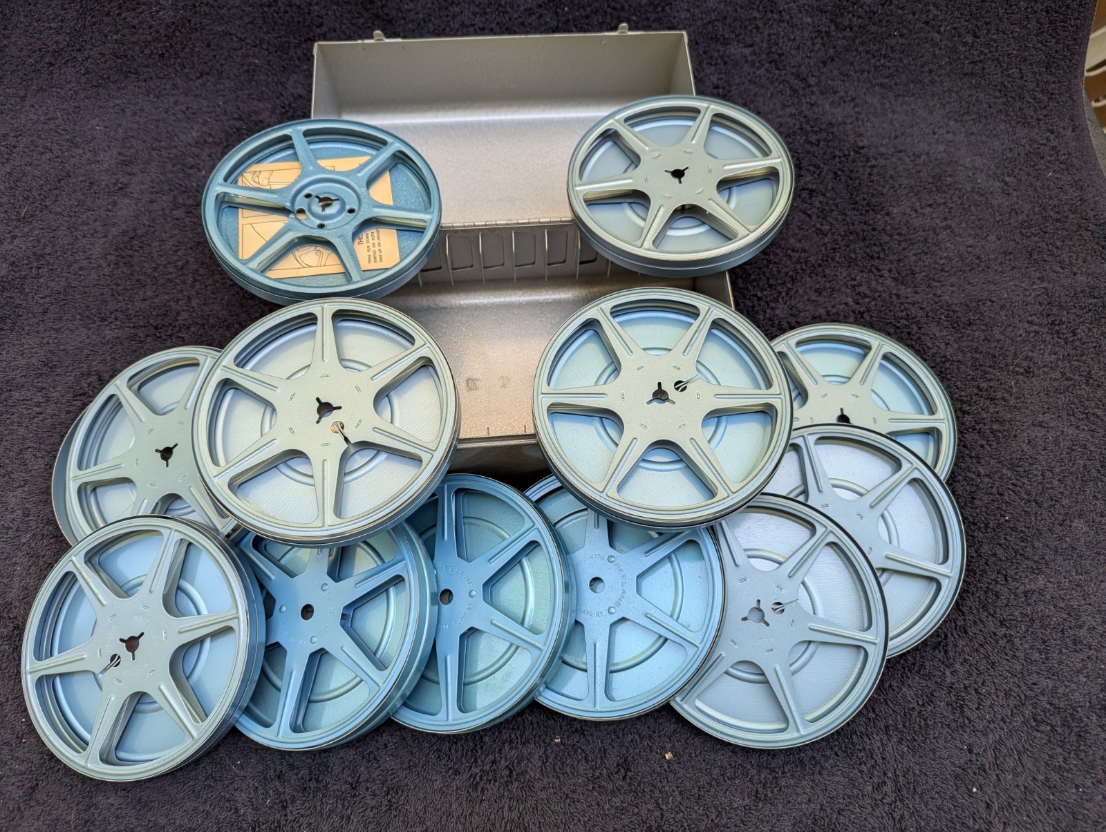 Vintage Brumberger Steel Storage Box for 12 8mm Film Reels with 12 Cans & Reels