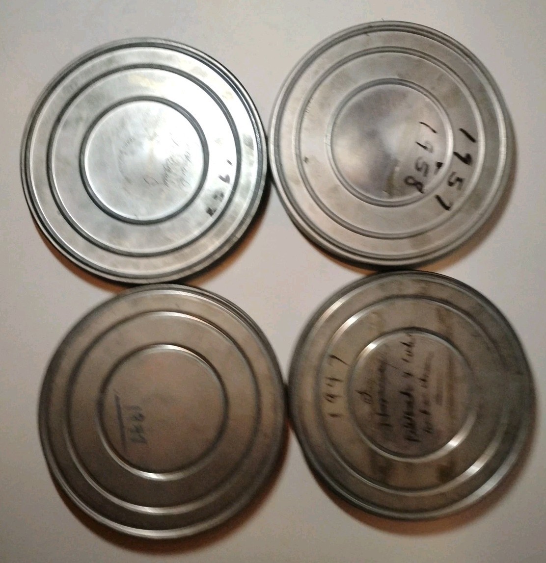 13 Vintage 8mm Film Empty Canister Reels Blue Grey Green + Brown Metal Case