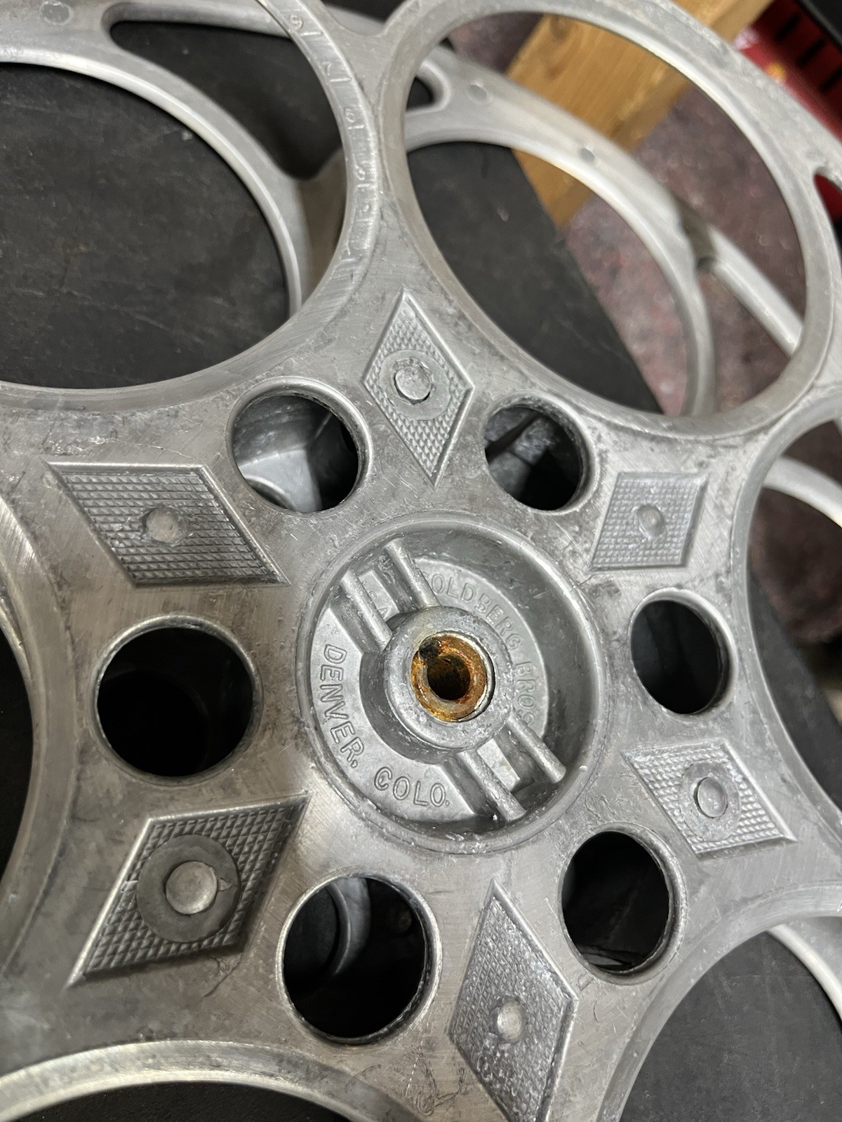 Set of 2 Vintage Goldberg Bros 15″ 35mm Cast Aluminum Movie Film 6 Hole Reels
