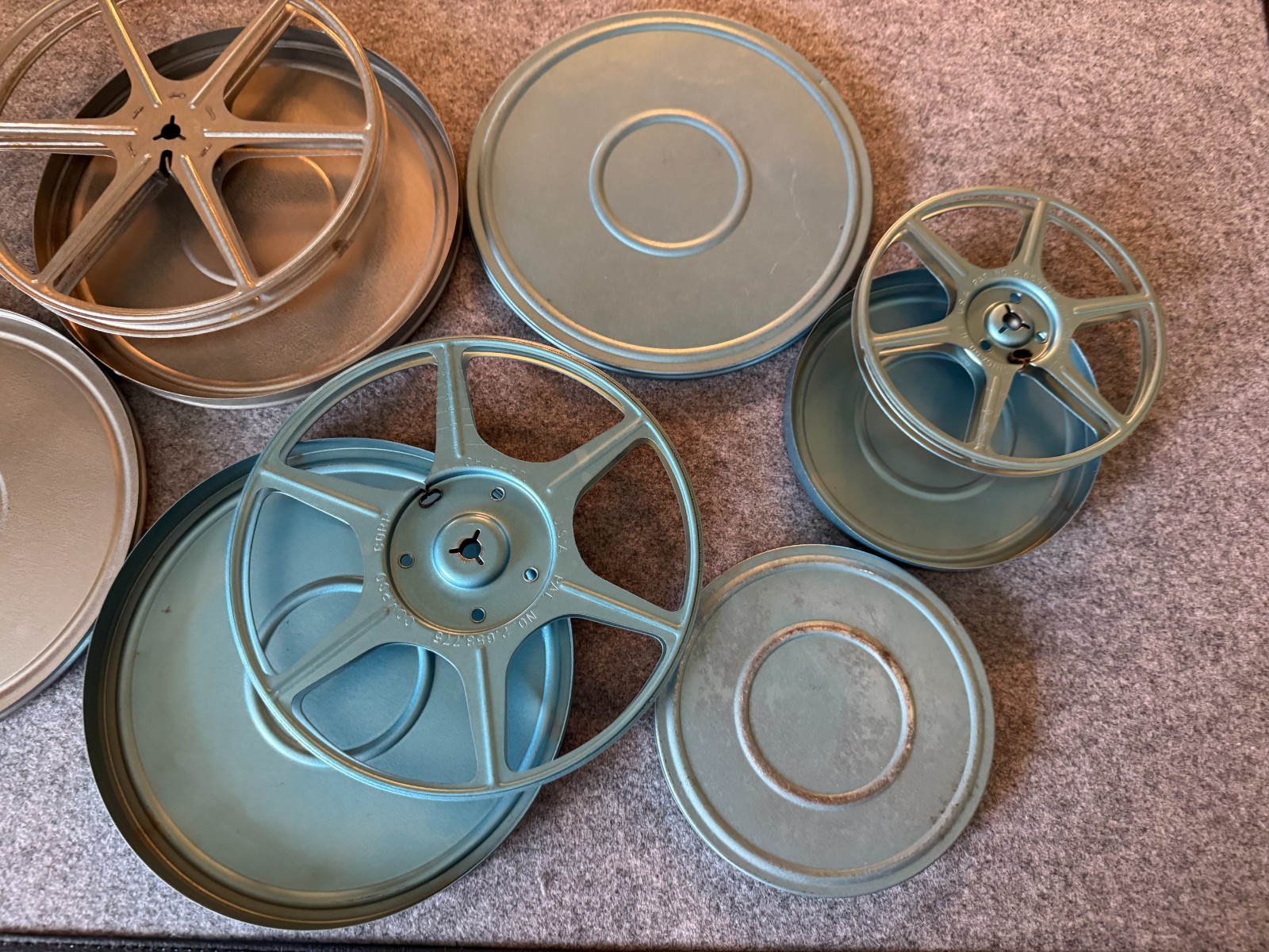 Vintage 3- Compco 7″ /5″ Metal Canisters -Kenco Take Up Film Reels 8mm