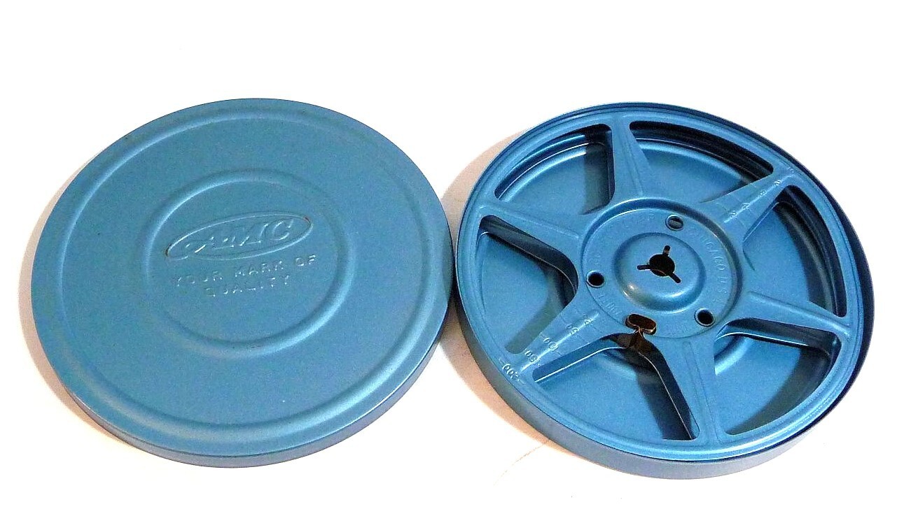 AMC 8mm Film Reel with Cannister Compco Corp Chicago 200ft Blue Vintage