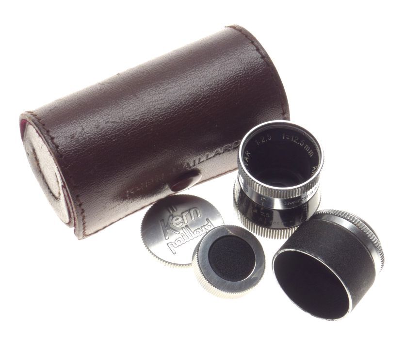 Kern paillard Yvar 1:2.5 f=12.5mm bolex film camera lens caps hood leather case