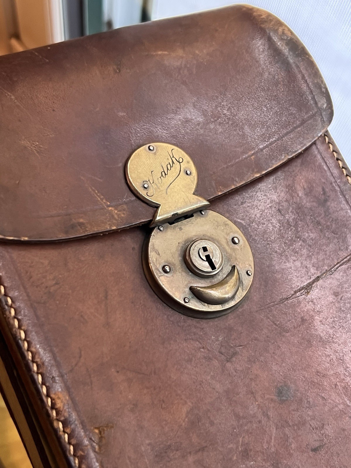 Antique Kodak Paris & Lyon Folding Film Camera Case in Brown Leather with Strap