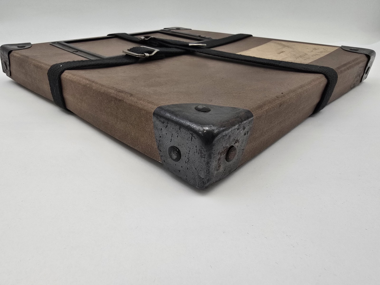 Vintage 11″ Square Fiberbilt Shipping Case Metal Corners Fabric Straps 1960s Lab