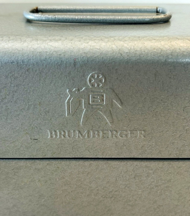 Vtg Brumberger Metal Film Reel Case Chest W/ 5 Scherer Reels & 5 Wards Cans USA
