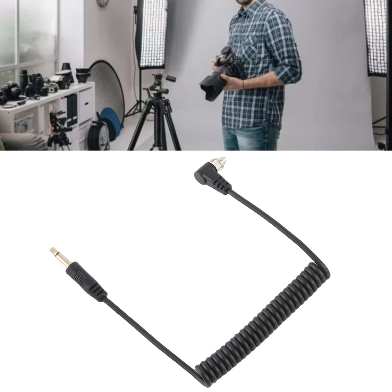 2pcs Universal 3.5mm To Male Flash PC Sync Cable Coiled Cord With Screw Lock For
