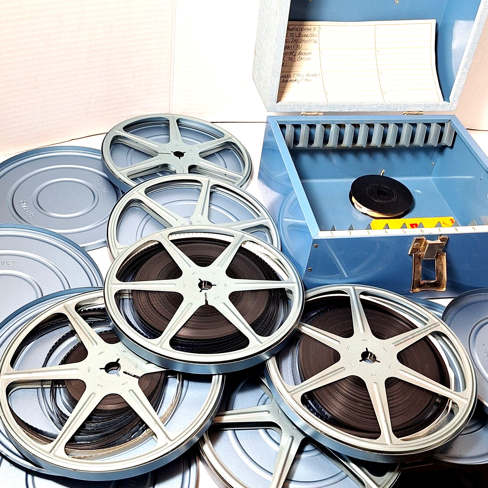8mm Film Storage Case Box with 12 Slots & 6 Metal Reel Canisters Vintage 1960s