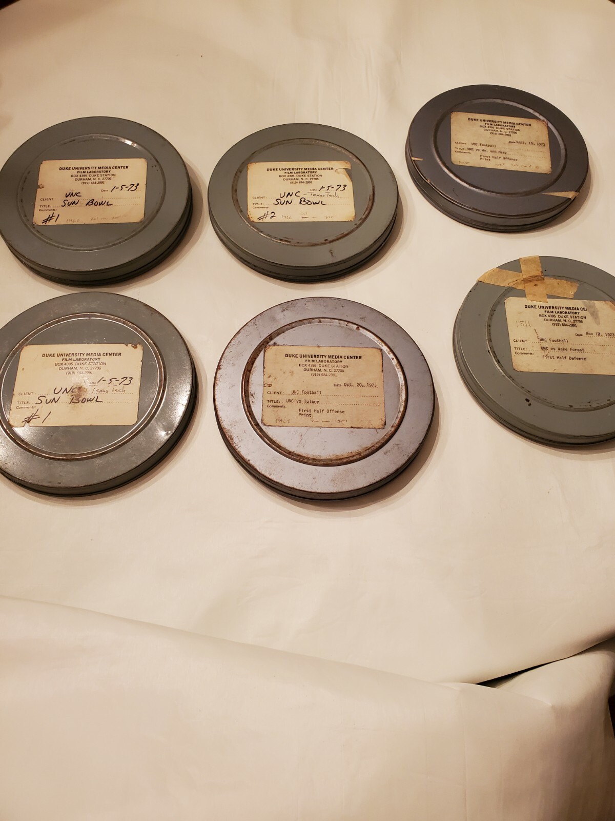 5 Vintage 7″ Metal 8mm Game Film Canisters 1973 UNC Tar Heels Football Carolina