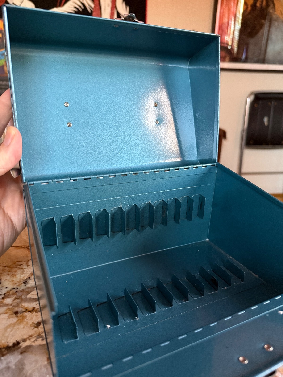 Vintage Logan Deluxe Movie Reel Chest Blue Holds 12 Film Canisters for 5″ Reels